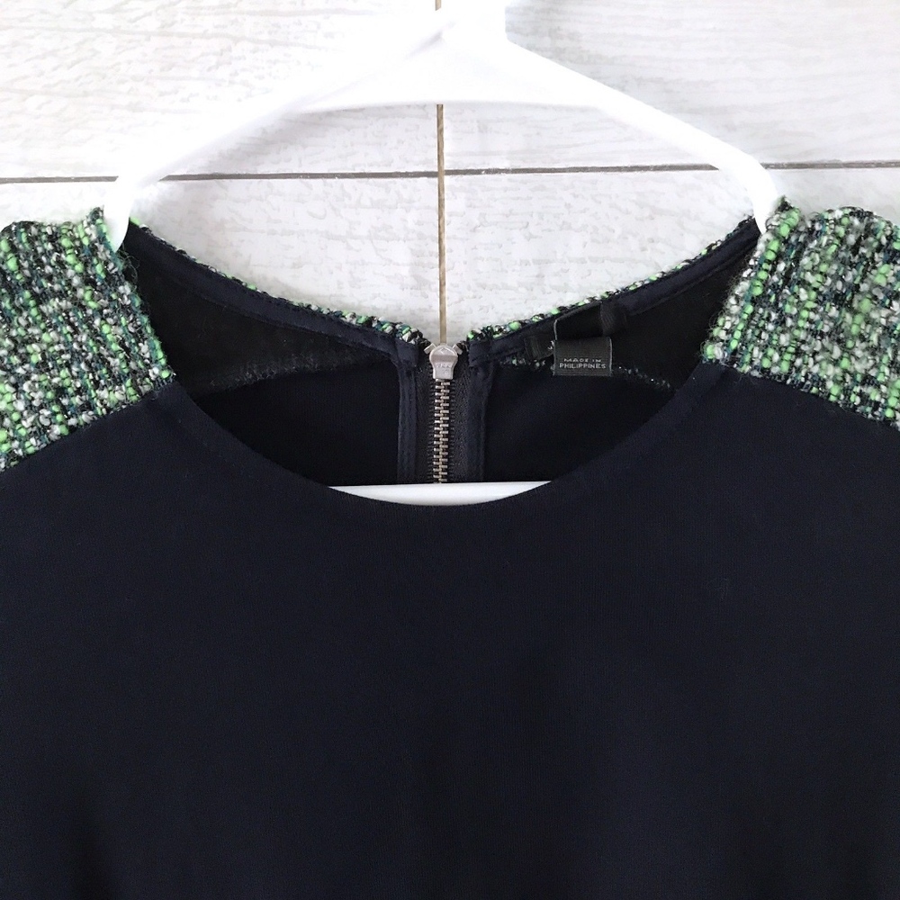 J.Crew Navy Blue Green White Tweed Sleeve Top - Picture 3 of 8